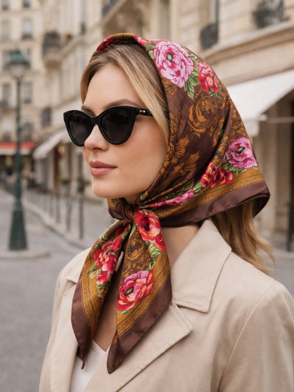 Vintage Adrienne Vittadini Silk Scarf Floral Baroque Print Brown Pink Large